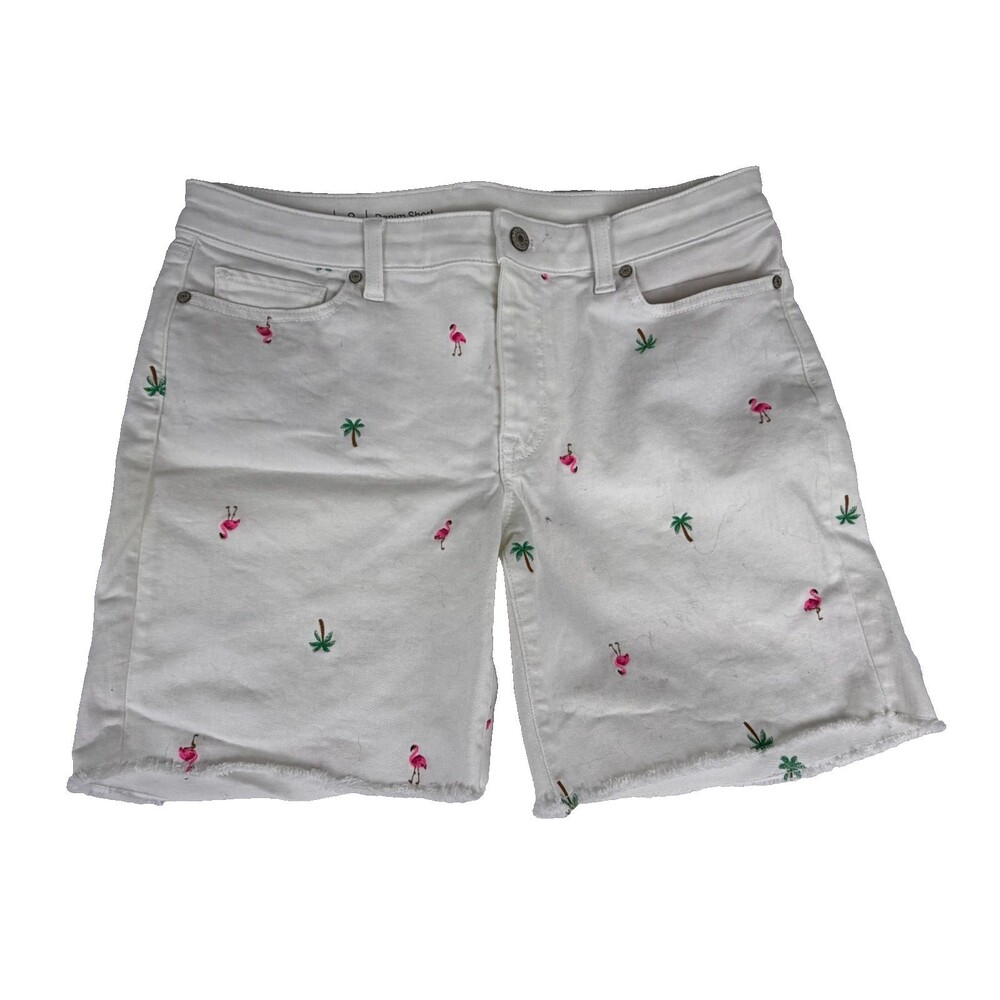 Talbots Size 8 White Denim Shorts Embroidered Flamingo Palm Tree Tropical Frayed